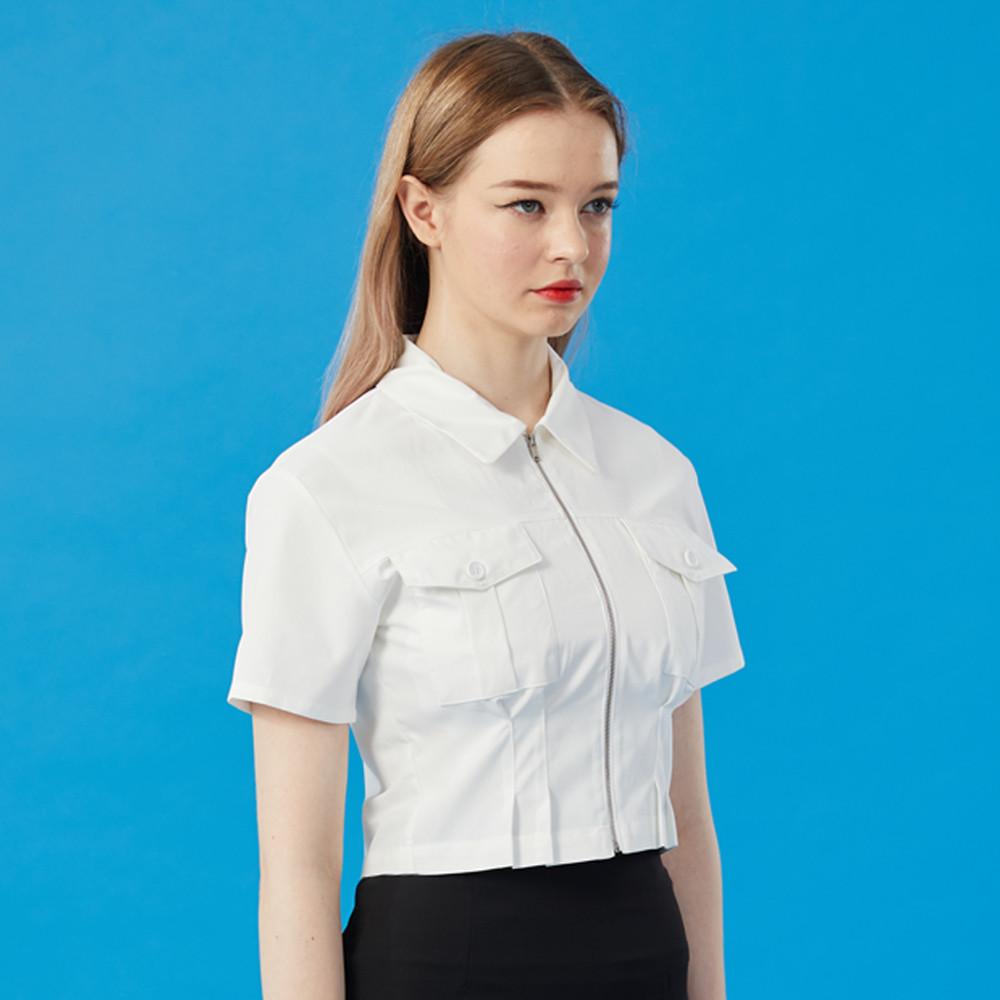 WOMEN 크롭 슬림 무지 지퍼 반팔 셔츠 [WHITE] 크롭티 반팔티