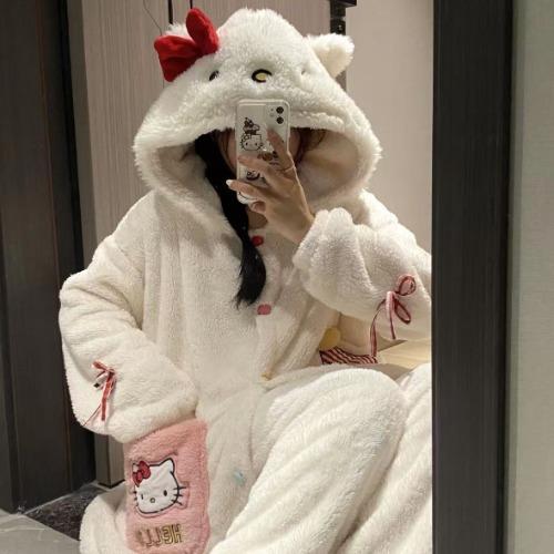 키티 하우스 후드 전신 수면가운 바지세트