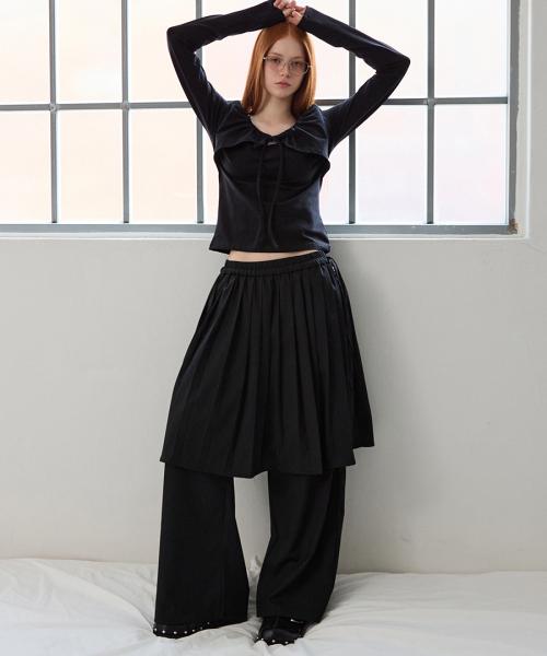 Stripe Pleated Skirt Layered Pants Black
