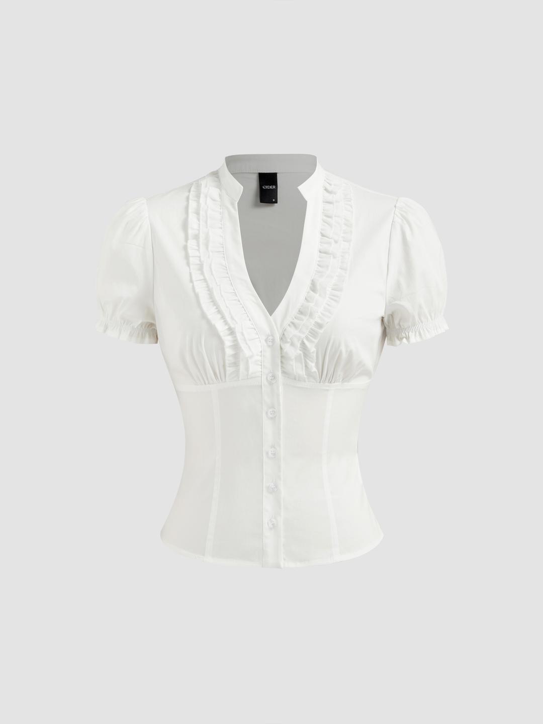 Cotton-blend V-neck Lettuce Trim Short Sleeve Blouse
