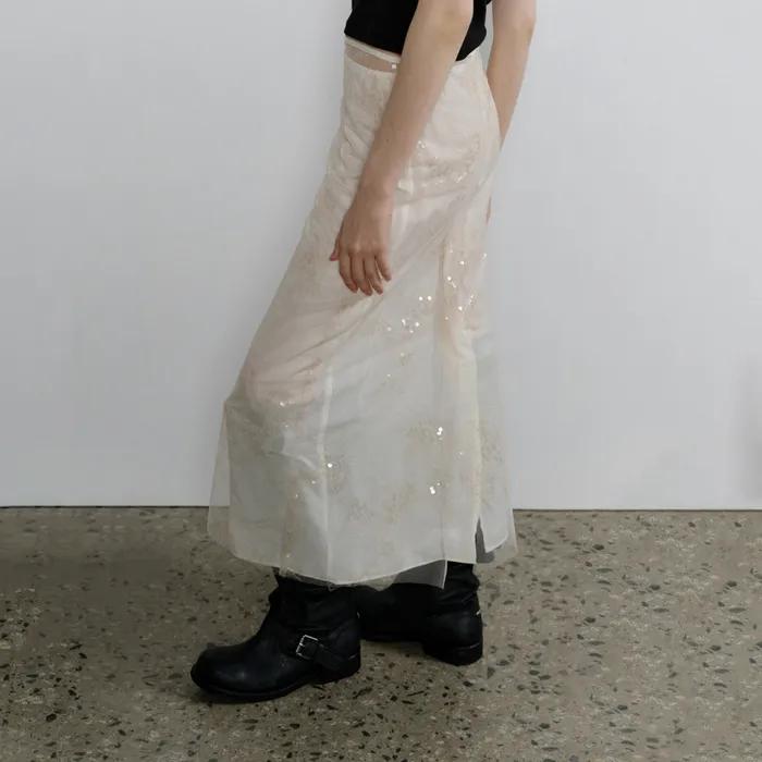 Sequin Overlay Skirt_Cream