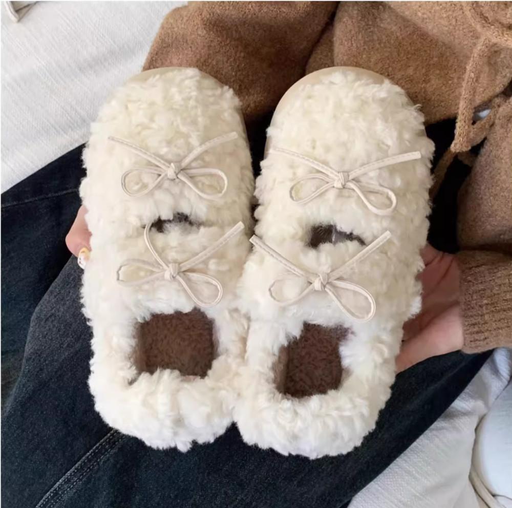 수심 Fluffy Bow Slippers (5 color) 리본 털 슬리퍼 겨울 털실내화