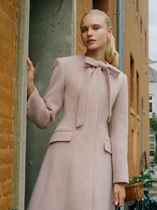 AVELINE Tie detailed A-line cashmere blended midi coat (Rose pink/Charcoal gray)