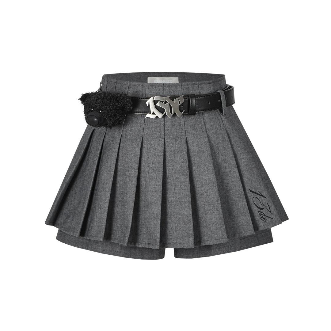 High Waist Belt Pleated Skirt in Gray - S