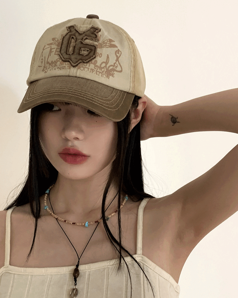 원더원더 코닐 y2k 워싱 자수 패치 배색 볼캡 모자
