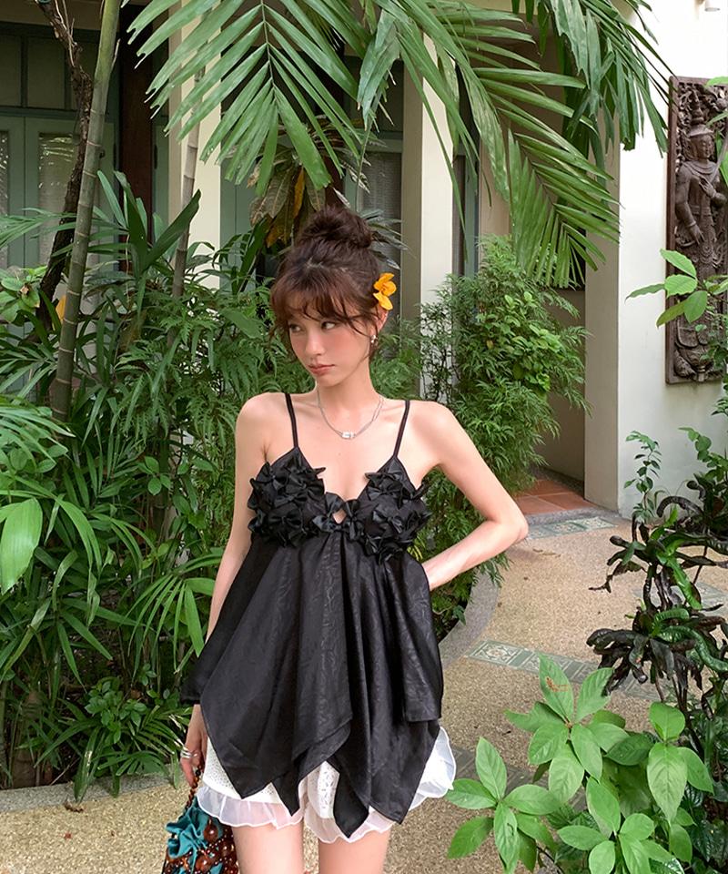 블랙 새틴 리본 플레어 탑