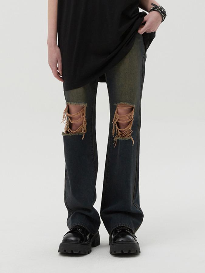 데미지 플레어 데님 팬츠 [네이비]