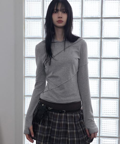 Diagonal Cut Slim Fit Hoodie Melange Gray