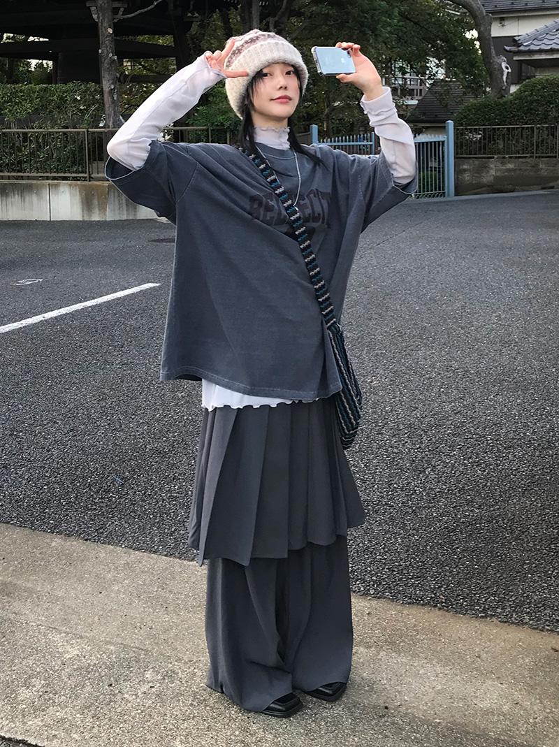 아케 PLEATS SK WIDE PT  (charcoal / black)