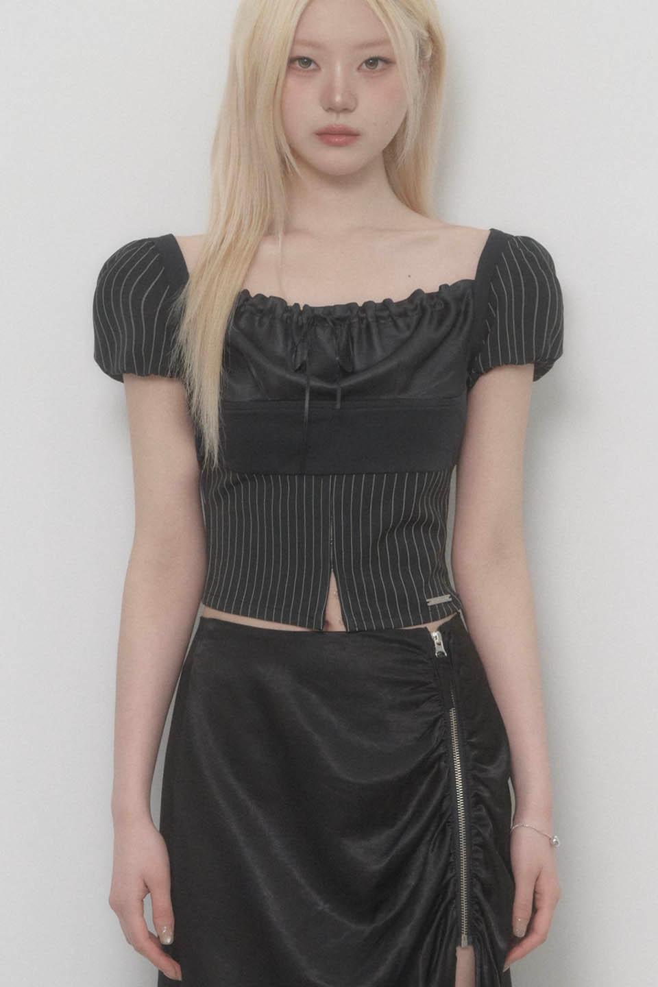 Stripe Lace-up Puff Top (Black) - 6/3일 부터 순차출고
