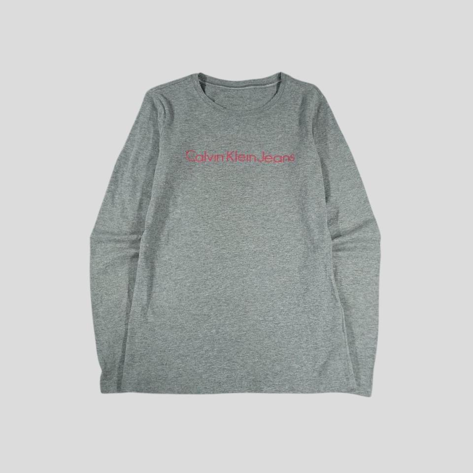 캘빈클라인 진스 그레이 핑크 스펠아웃로고 코튼블렌드 슬림핏 긴팔 티셔츠 롱슬리브 WOMANS S