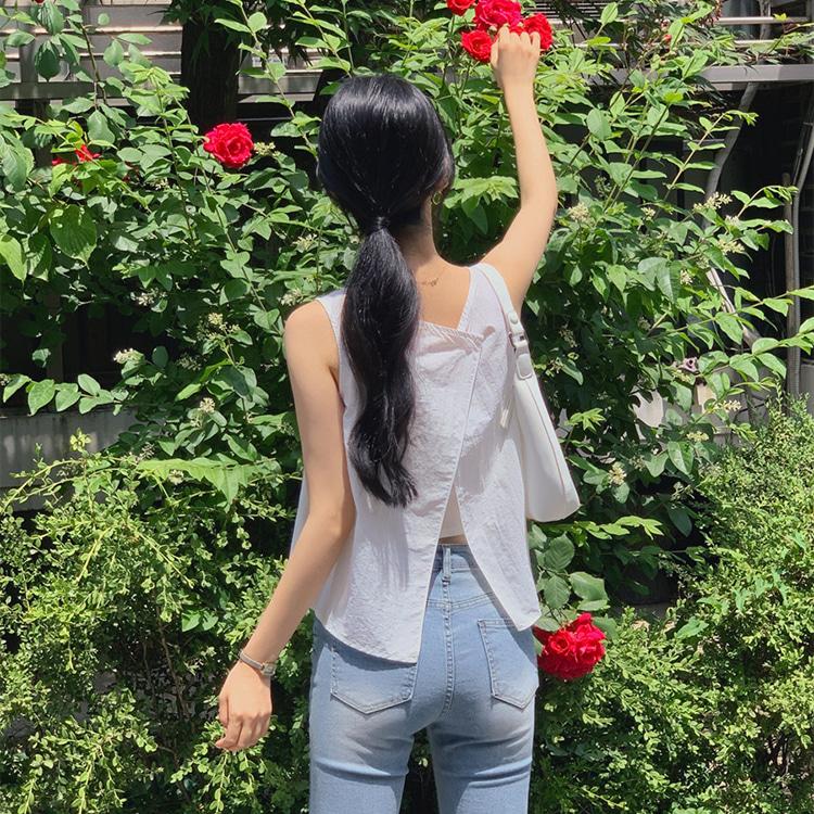 BEST재진행✨[tts0196] 로번 백슬릿 슬리브리스(뒤트임블라우스,나시블라우스,민소매블라우스,나일론블라우스,여름블라우스,휴양지룩)