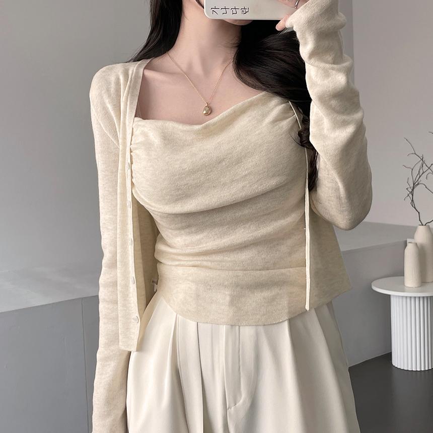 가나다란 [투피스🧡/청순글램] 가나다란 오렌즈 투피스 드레이프 훌 셔링 슬리브리스 니트 나시 가디건 세트 2color