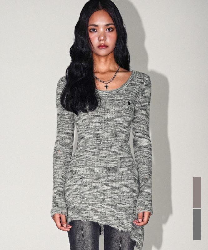 Multi Demage Scoop Long Knit_2Colors
