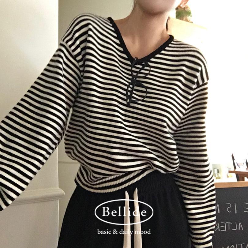 베이델리 [MADE/문의대란!]뽀삐 루즈핏 단가라 브이넥 니트