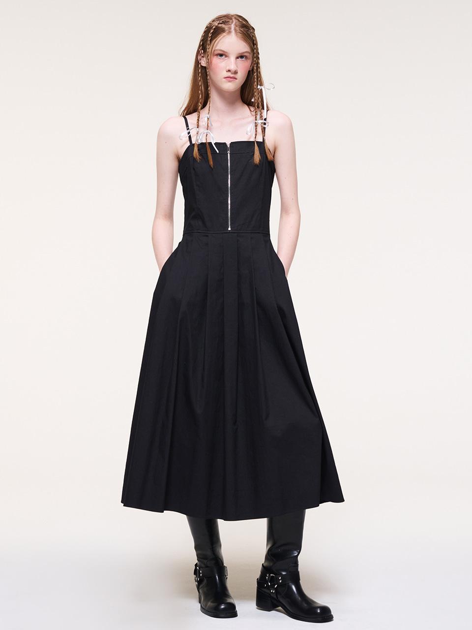 Front Zipper Pleats Slip Dress, Black