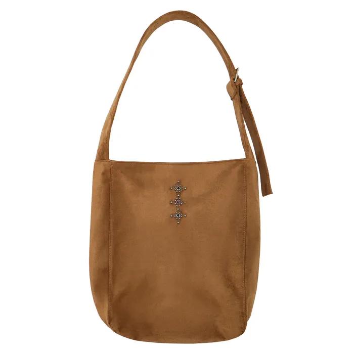 Suede Stud Shoulder Bag_ Camel
