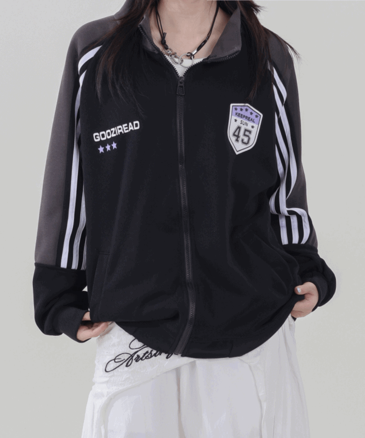 [3color]캐스트 프린트 레터링 배색 스포티 오버핏 투웨이 후드 집업