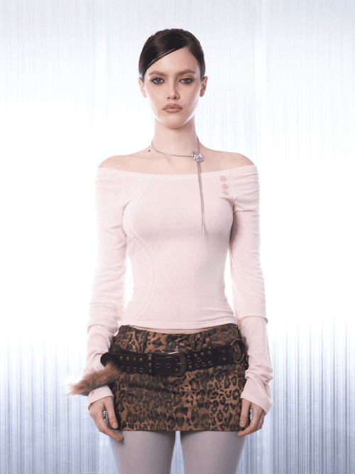 커브 버튼 오프숄더 티 [핑크]