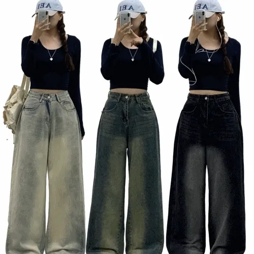 3일할인*[빈티지색감/볼륨업!] 모나 하이웨스트 옆핀턱 사이드 핀턱 와이드팬츠 데님롱팬츠 청바지
