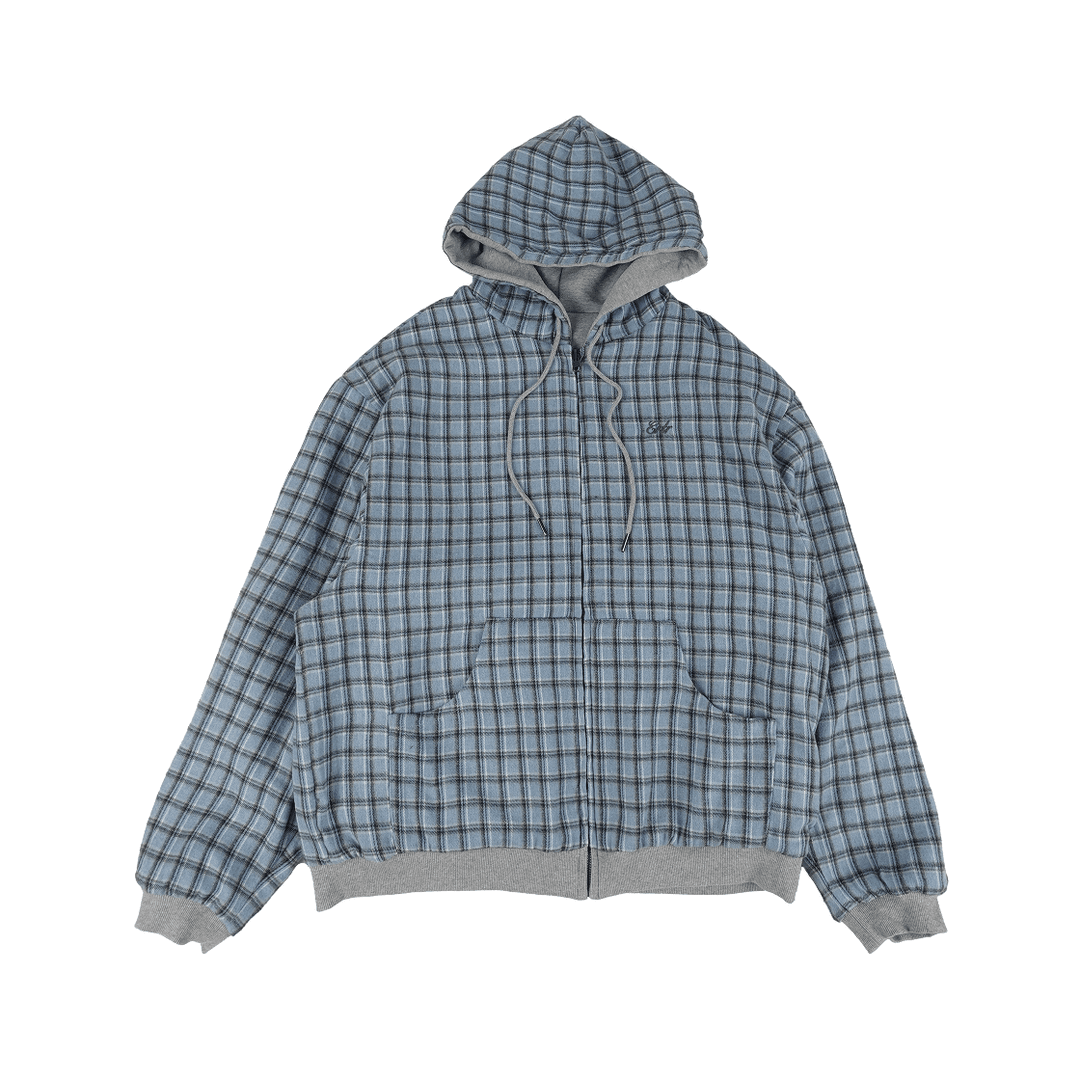 Reversible Check Hoodie Zip-Up Skyblue