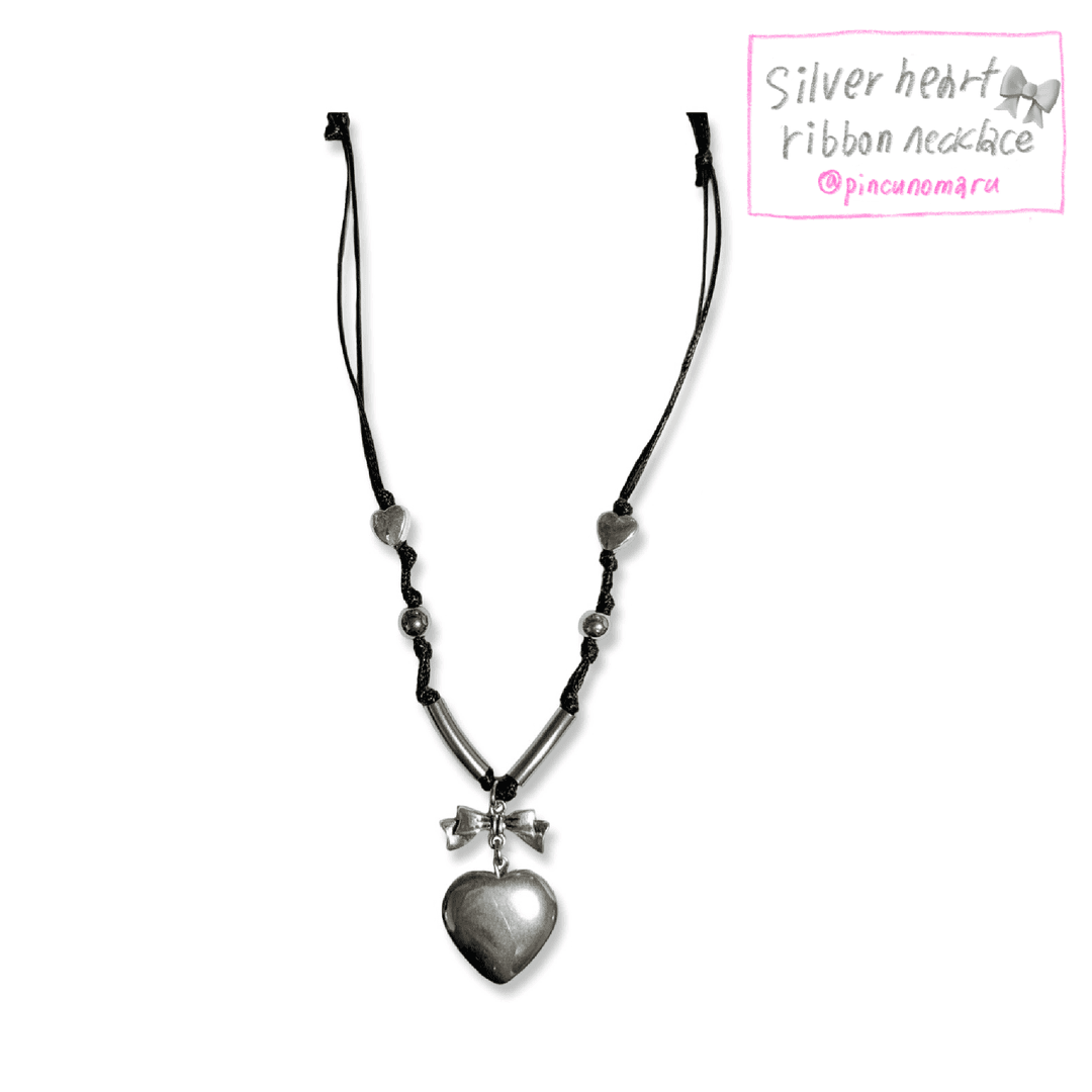 Silver heart ribbon necklace