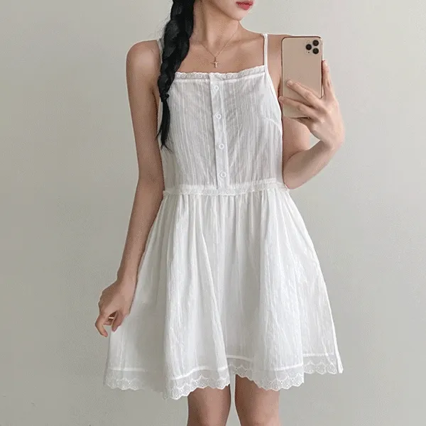 [낮12시전구매시당일출고] 폰타나아방핏뷔스티에ops(2c) 코튼레이스 뷔스티에원피스 끈나시원피스 레이어드 버튼 단추 여름원피스