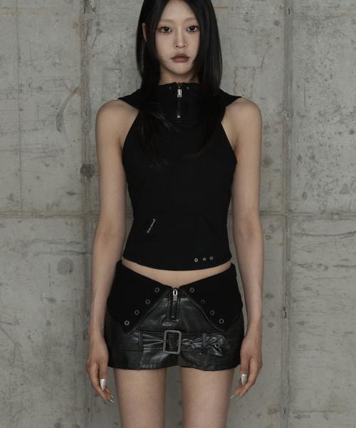 Zipper Halter Turtleneck Point Pocket Hoodie (Black)