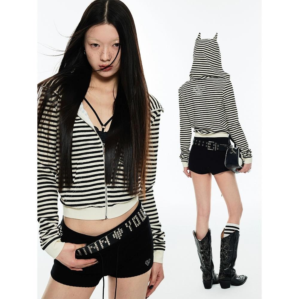 1JINN STUDIO 원진스튜디오 고양이 이어후드 티셔츠 스트라이프 데빌 후드