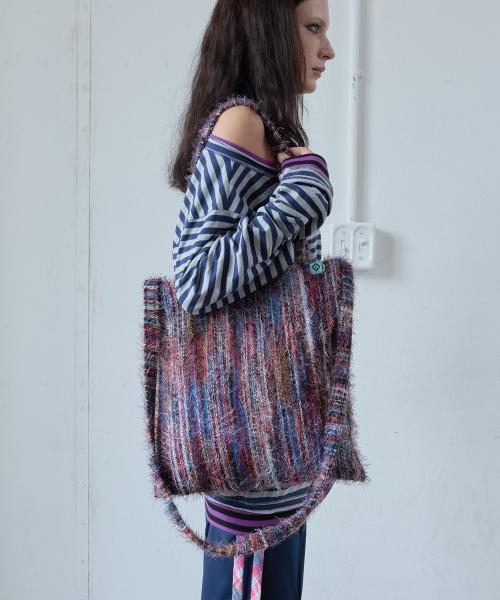 KNIT STRIPE TOTE BAG / purple