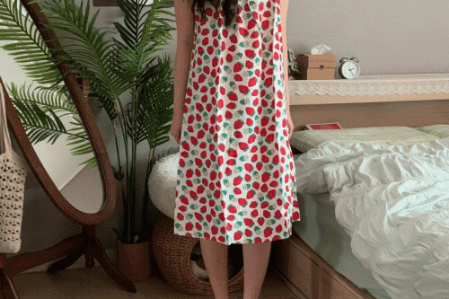 국내생산 100% 냉감 인견 딸기 민소매 여름 파자마 원피스 4color