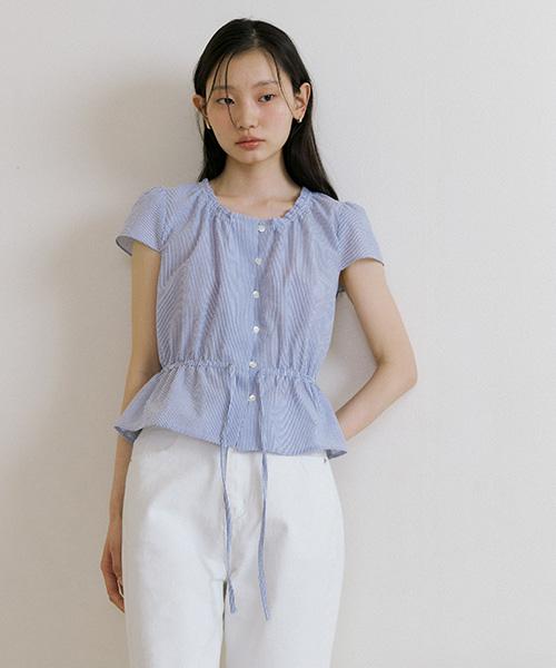 shirring Peplum blouse-stripe