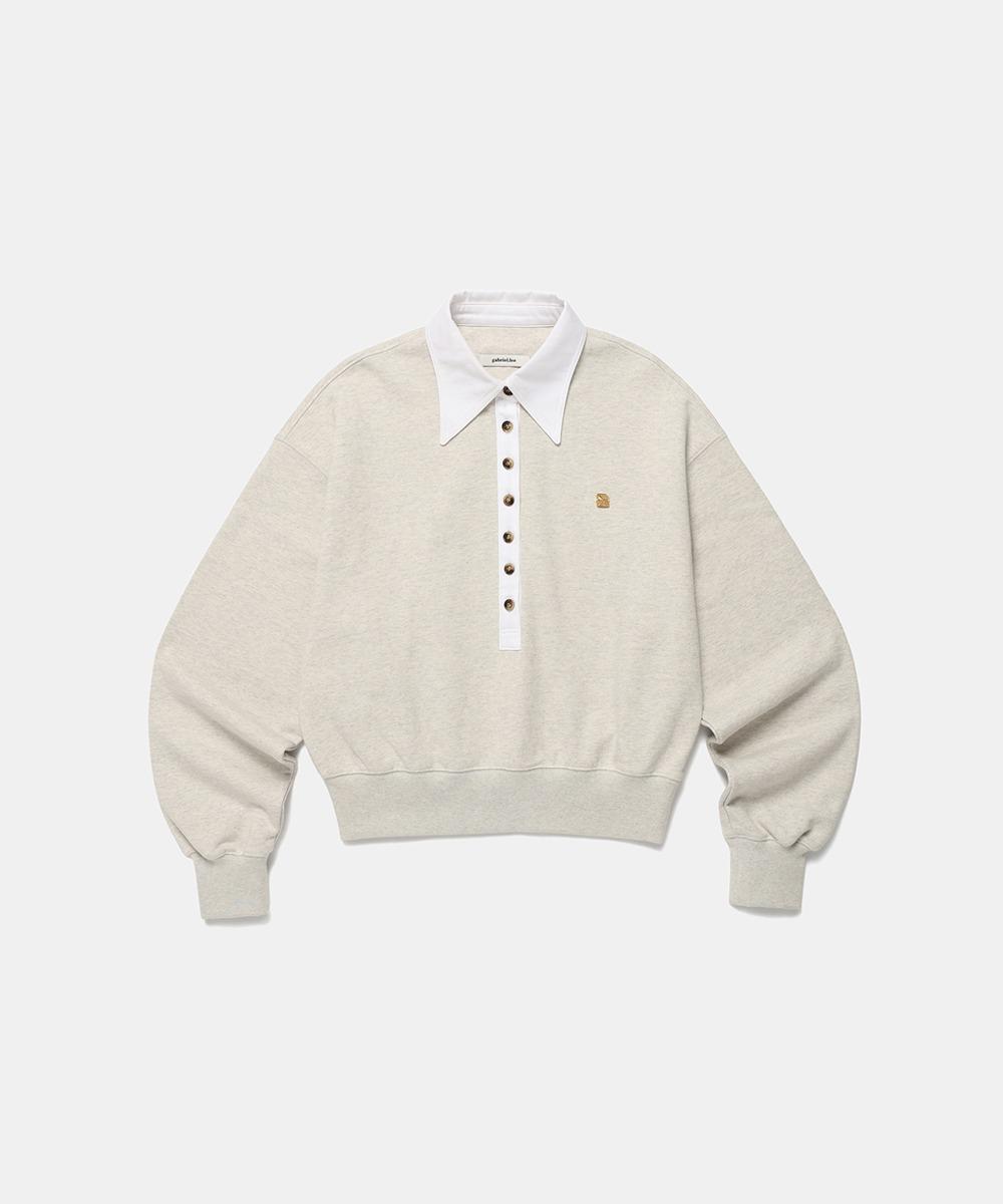 SWEATSHIRT WITH CURVED SHIRT COLLAR - MELANGE OATMEAL