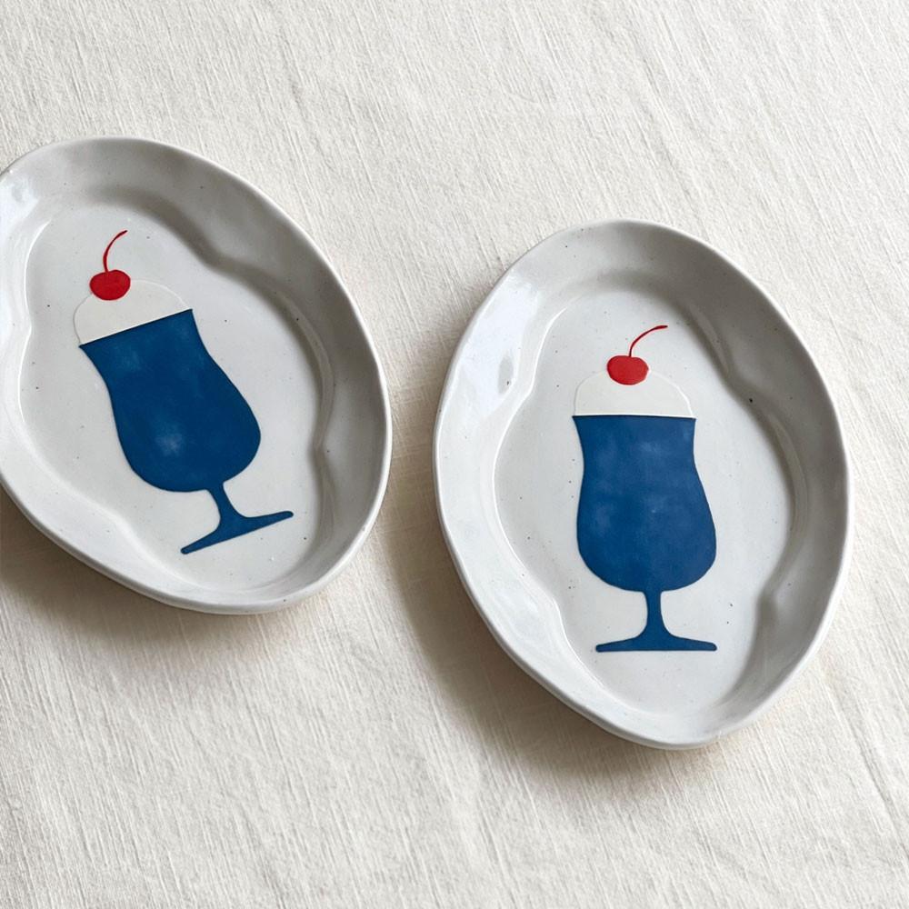 [요일]  그림 접시 - 크림 소다 / 타원 클로버 (소)