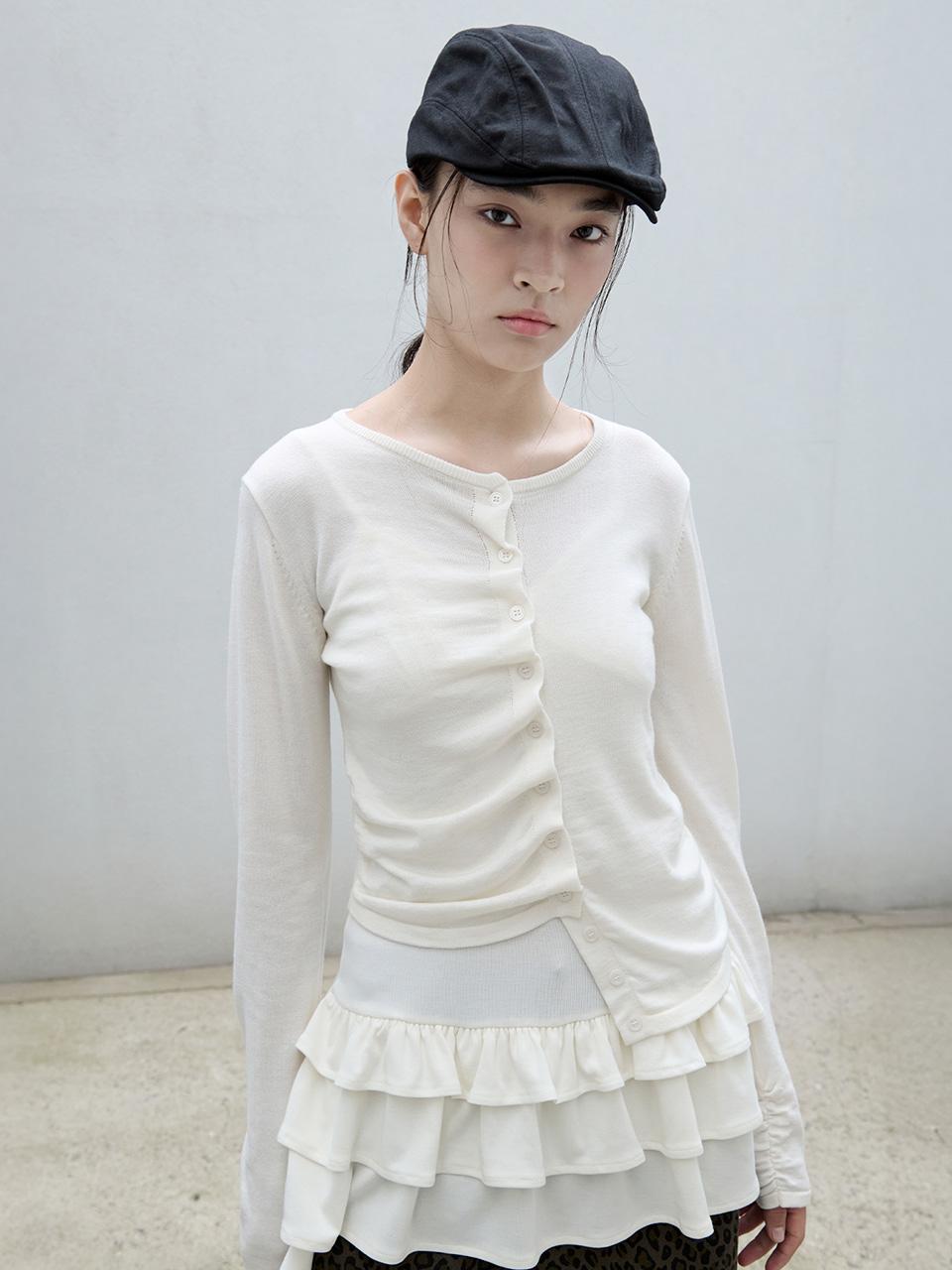SHIRRING BUTTON UNBALANCE CARDIGAN IVORY