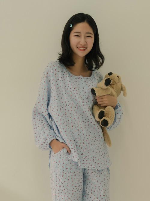 리틀 체리 라운드넥 순면 요루 잠옷 파자마 세트