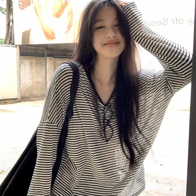 테티 스트라이프 루즈핏 썸머 긴팔 티셔츠 5361