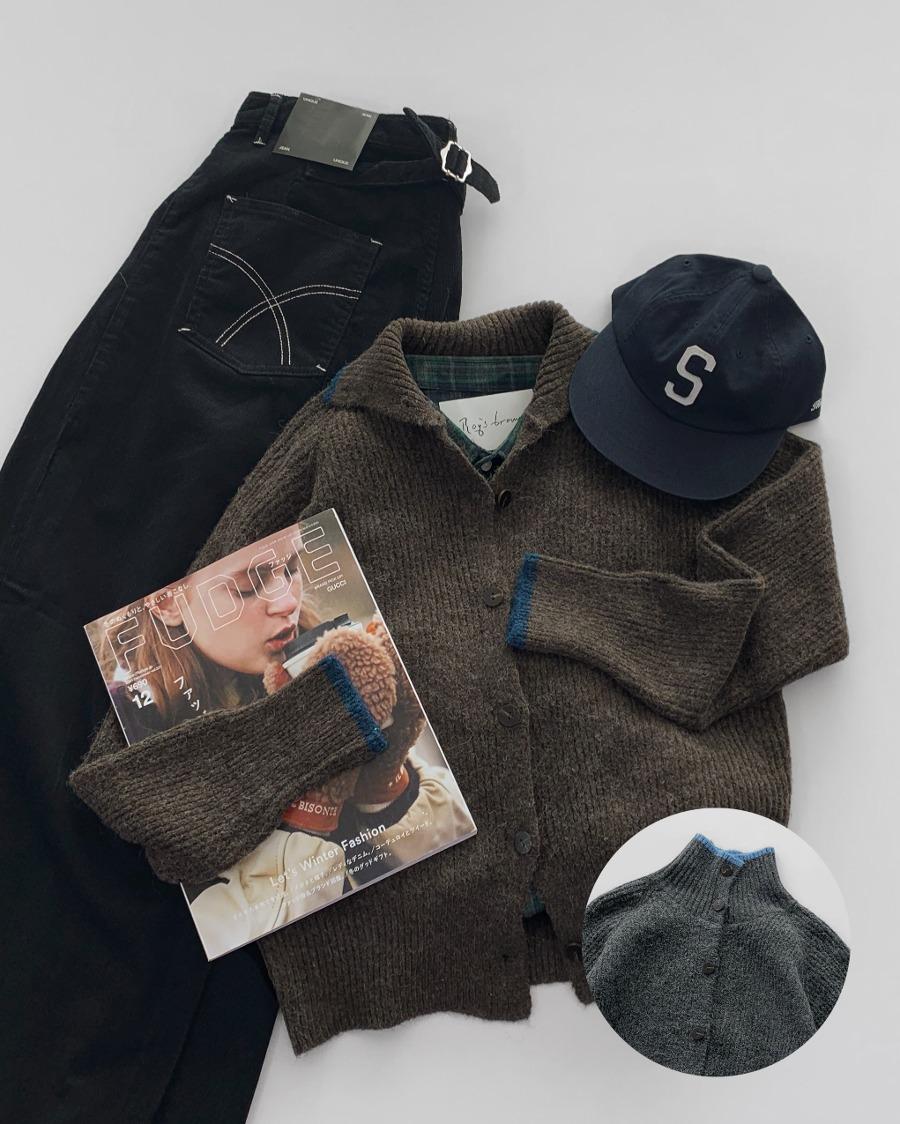 하이넥 배색 리브 가디건