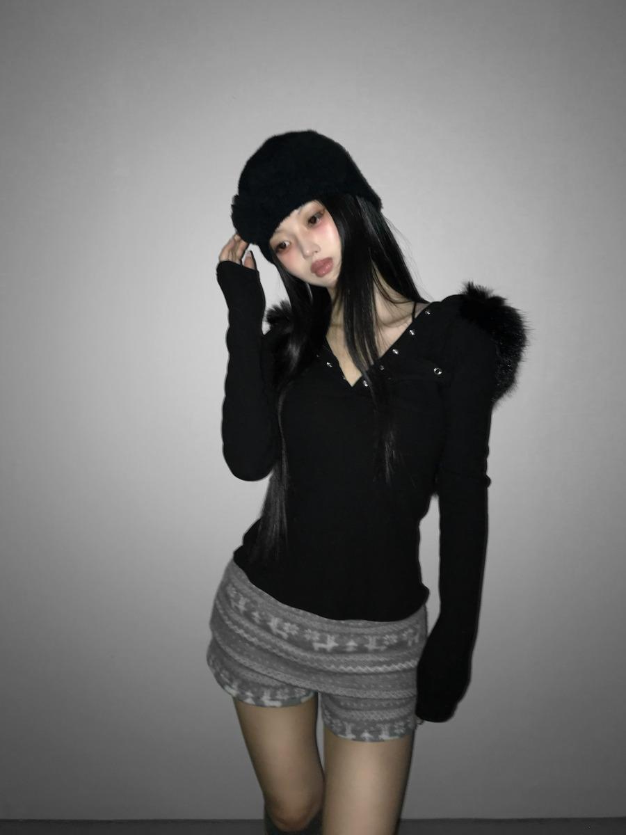 black fur hoodie top