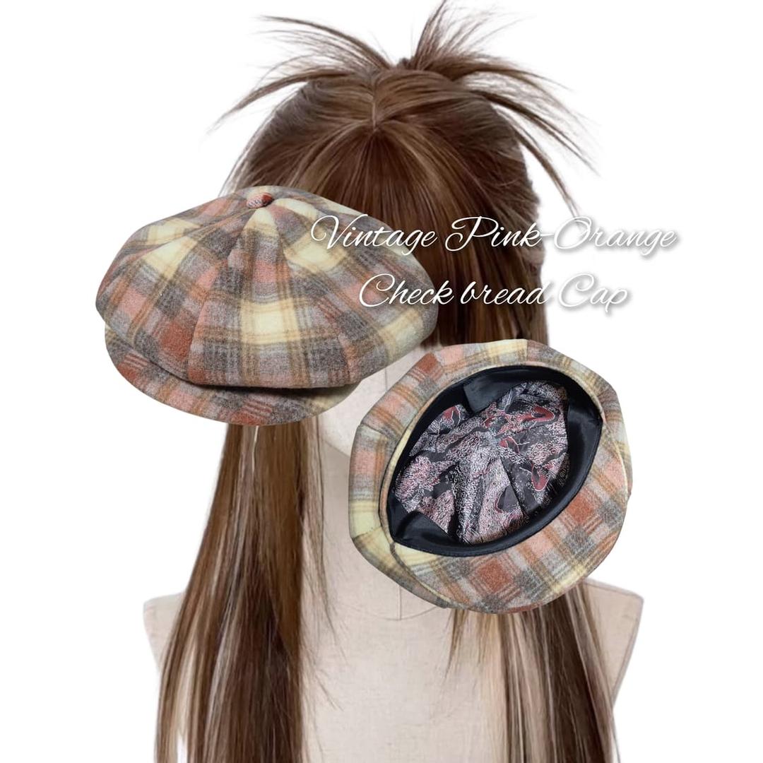 Vintage Pink-Orange Check bread Cap | 후루츠패밀리