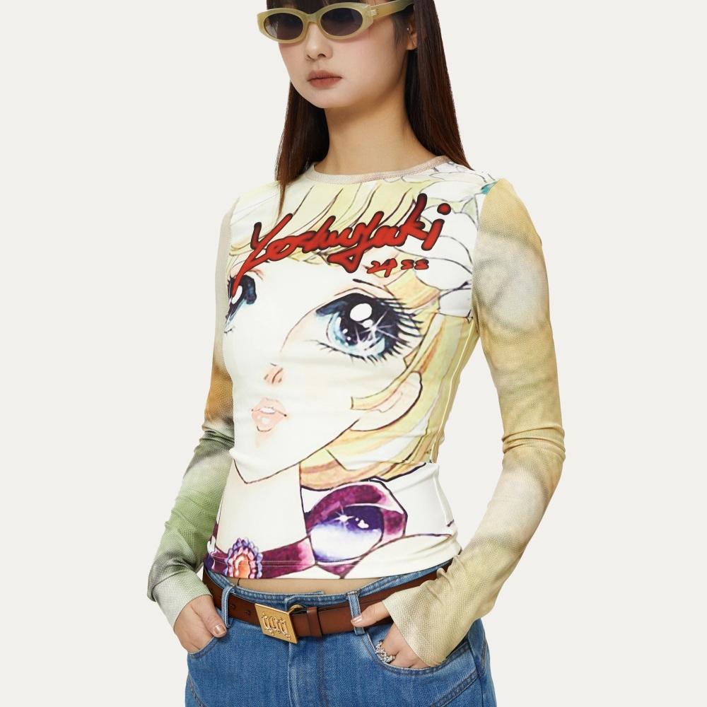 YOSHUYUKI 공주 마법소녀 프린팅 슬림 긴팔 티셔츠
