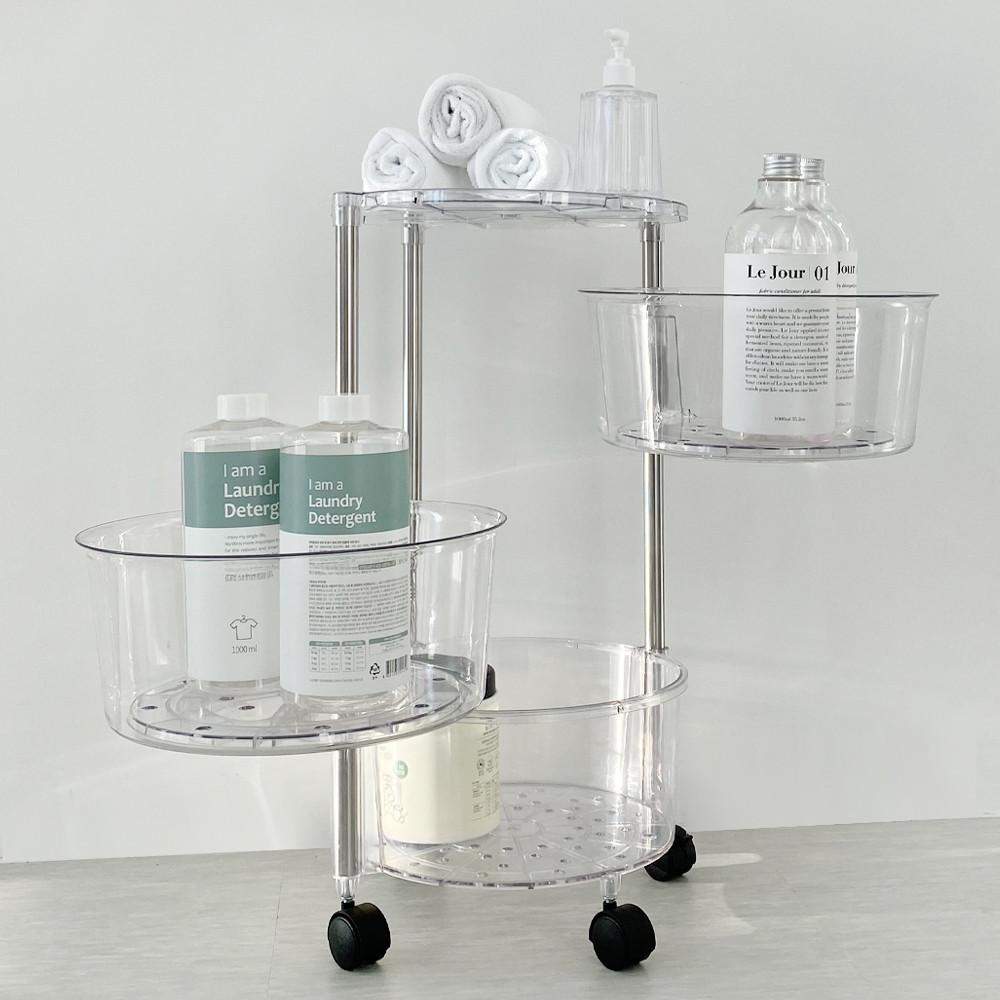 클레어 미드센츄리 원형 회전 투명 정리함 이동식트롤리 주방카트 3단