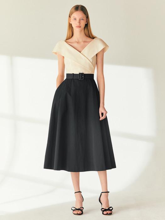 BELLE Wide v-neck A-line dress (Ivory&Black)