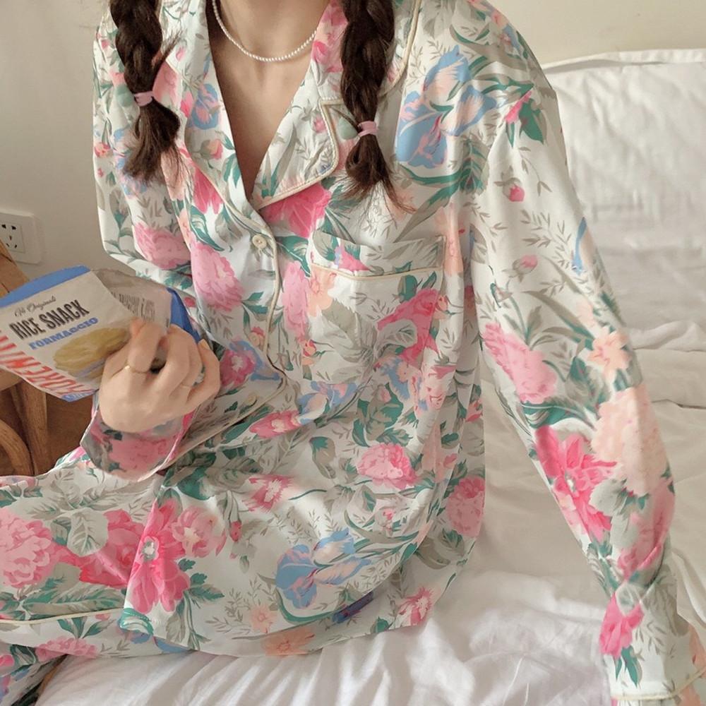 리치 플라워 긴팔잠옷 실키 가을 파자마 파티 홈웨어 홈파티