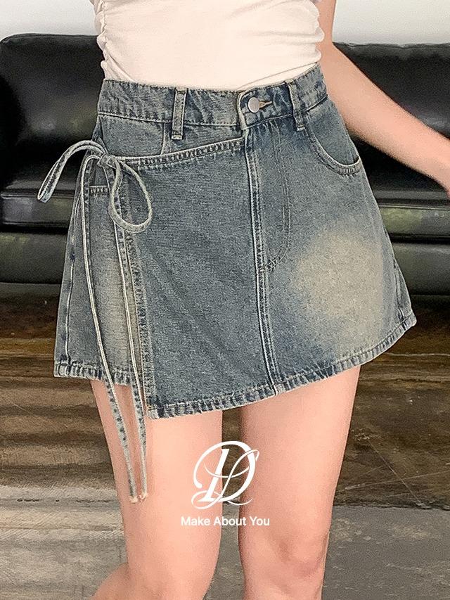 당당걸 [MADE] 빅사이즈 S-5XL 패니 빈티지 워싱 데님 랩 미니 스커트 팬츠 청 반바지