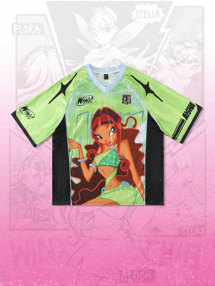 Winx Club X ROMWE Men's Anime Colorblock Figure Graphic Mesh Sports Short Sleeve T-Shirt, Athletic Jersey