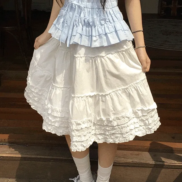 [속치마O/미디기장🖤] 티피 레이스 캉캉 프릴 레이어드 셔링 미디 롱 스커트 2color