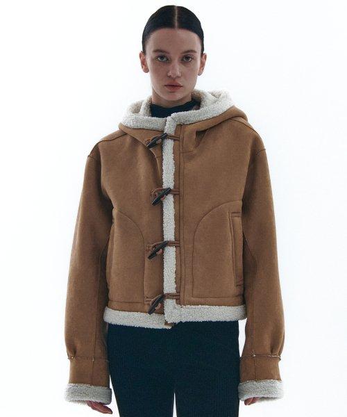 리버시블 스웨이드 후드 크롭 더플 코트 집업 자켓 [브라운]