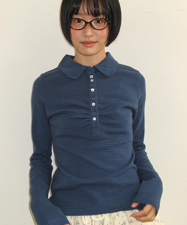 SHIRRING STRIPE BUTTON LONG SLEEVE BLUE GREEN