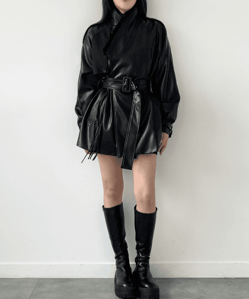 블랙 퍼 페이크 레더 남녀공용 두루마기 하프코트